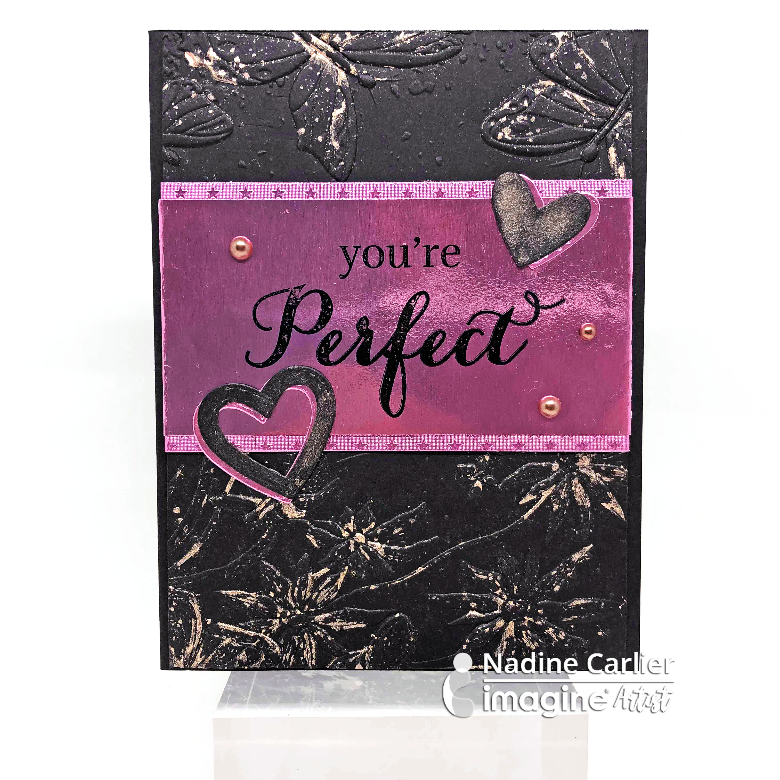 Handmade pink and black card featuring butterfly images and sentiment 